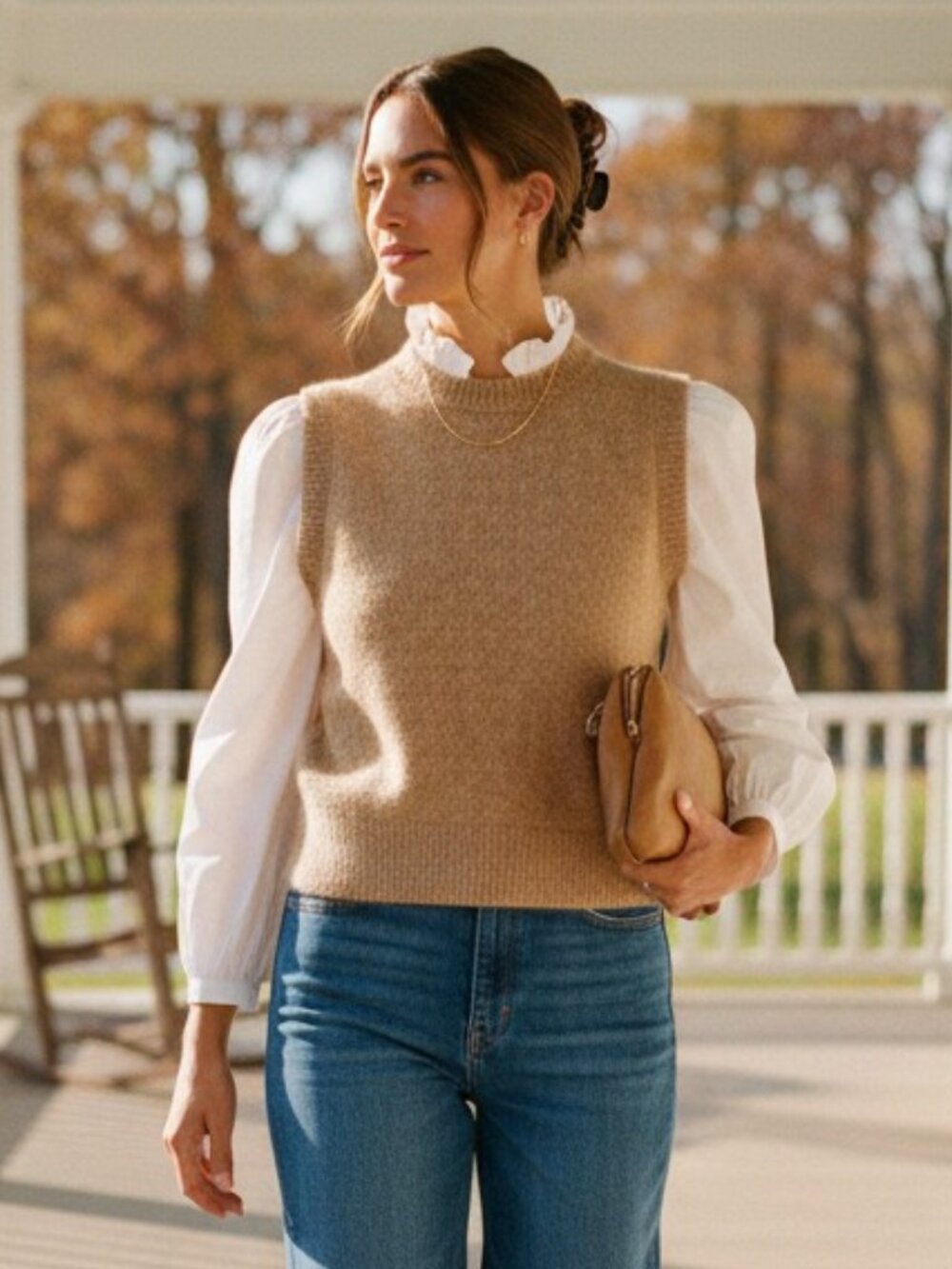 Tuckernuck Ella Sweater Blouse XS NWT Desert Melange Puff Sleeve Ruffle Collar